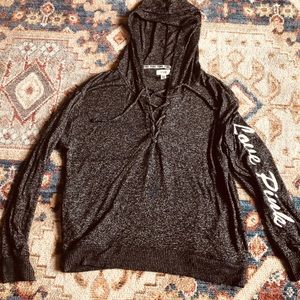 PINK by VS long sleeved hoodie with lace up neckline, bottom hem pockets. Size S